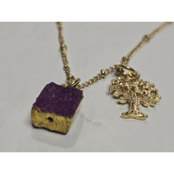 Dorothy Brand Gold Toned Necklace With Tree & Purple Block Charm & Earrings Set - Picture 3 of 8